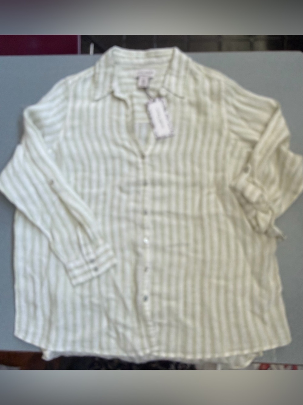NEW Laura Ashley 100% Linen Light Green Striped Button-Down Shirt NWT 🌷